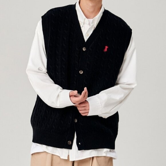 TakeEasy Men's Size Medium Black Raccu Cable Knit Button Up Korean Brand Vest - Picture 1 of 13